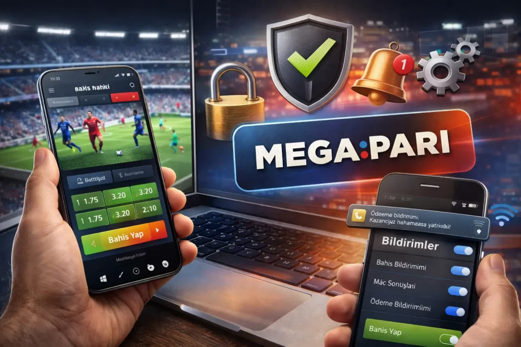 Megapari üzerinden mobil bahis deneyimini anlatan; canlı maç ekranı, bildirim ayarları ve güvenlik simgeleriyle hız, pratiklik ve kontrollü kullanım vurgulanan yatay dijital görsel