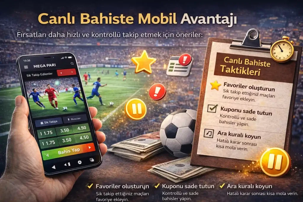 Canlı bahiste mobil avantajı anlatan; stadyum arka planında canlı maç ekranı açık bir telefon ve sade taktik başlıklarıyla hızlı ama kontrollü bahis vurgusu yapan yatay görsel